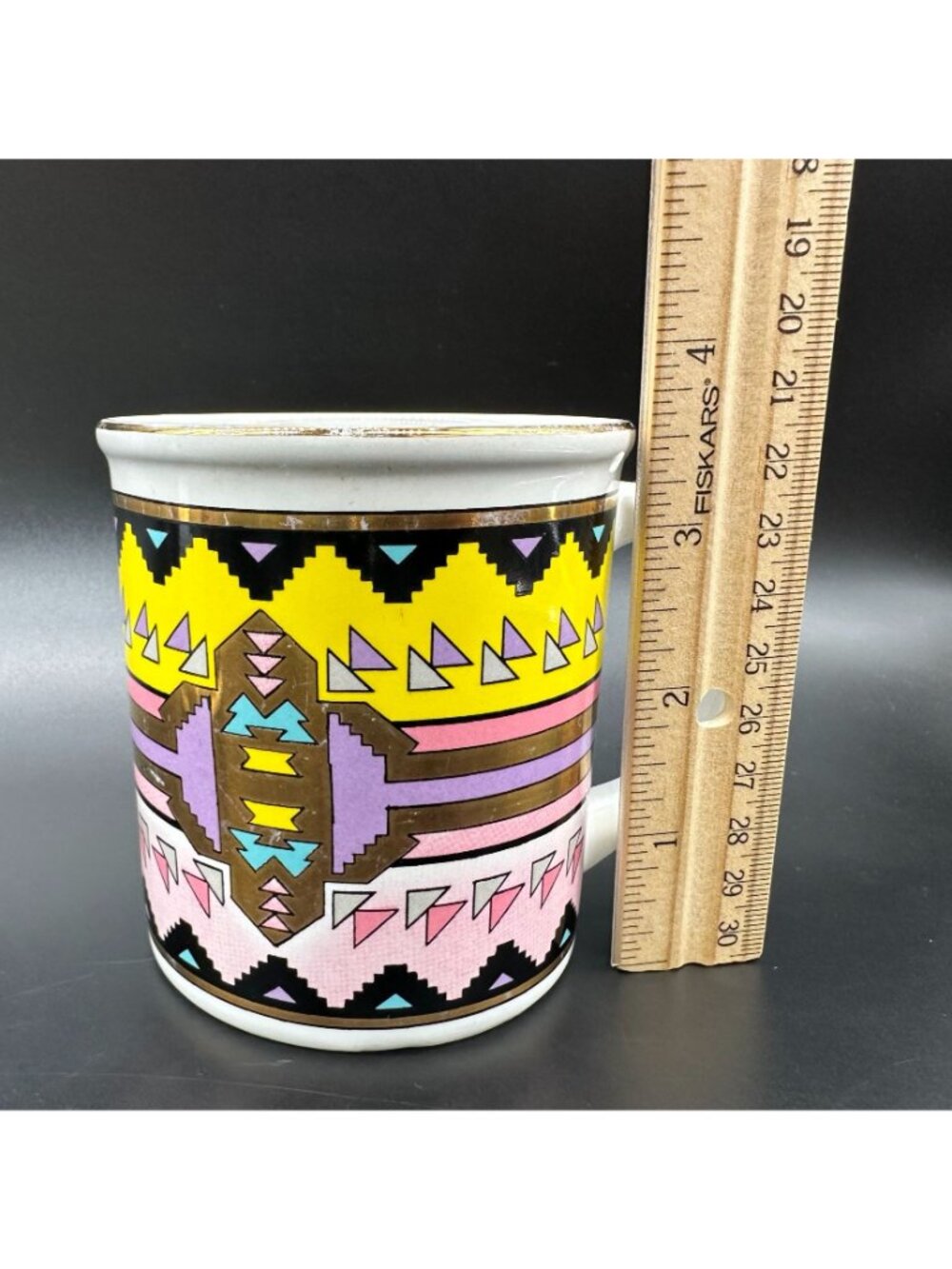 Vintage Mugs southwest Aztec Ceramic Japan Pink Yellow Purple Gold Cups Set of 3 - Picture 10 of 10